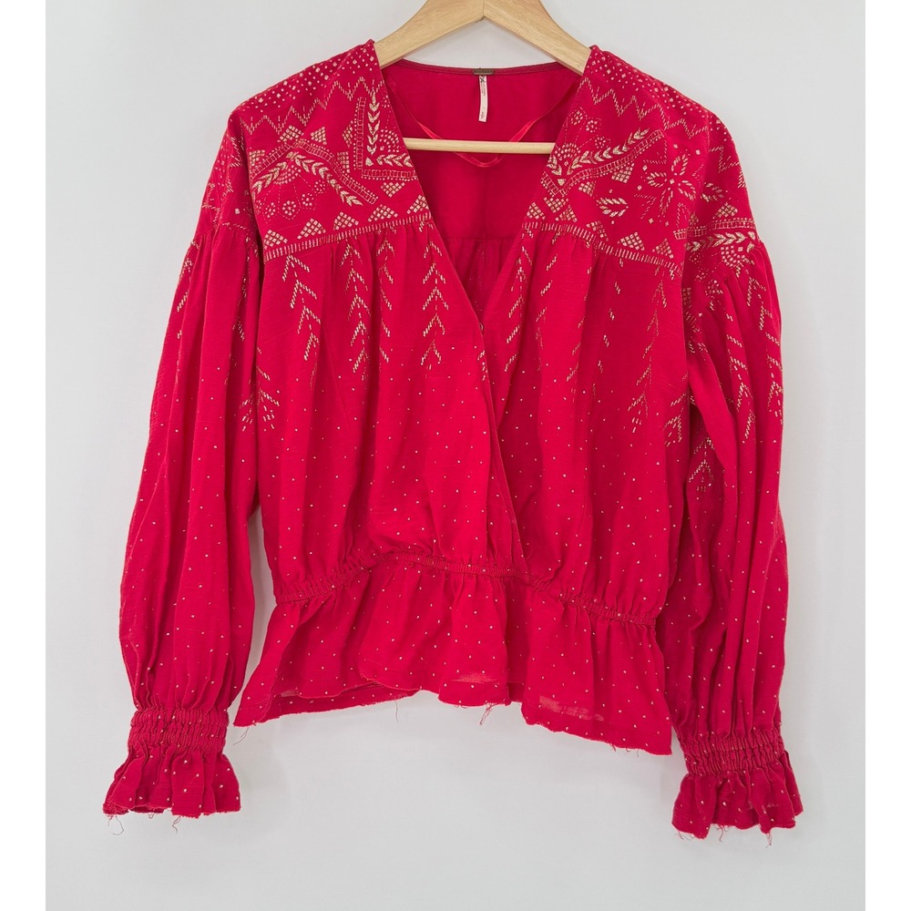 Free People Red Gold Metallic‎ Peasant Blouse Raw Hem Boho Sz S, Western Cowgirl